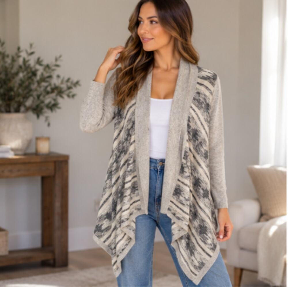 Lucky Brand Waterfall Cardigan Medium Gray Cream Aztec Duster Boho Western Indie